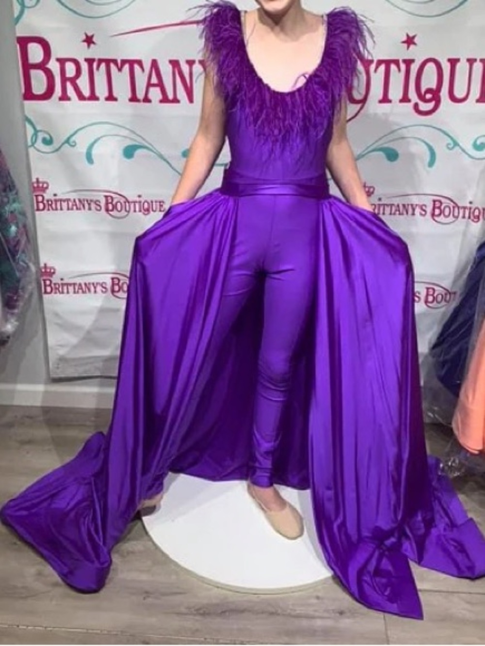 Jessica Angel Feather-Trim Purple Jumpsuit with Dramatic Draped Train